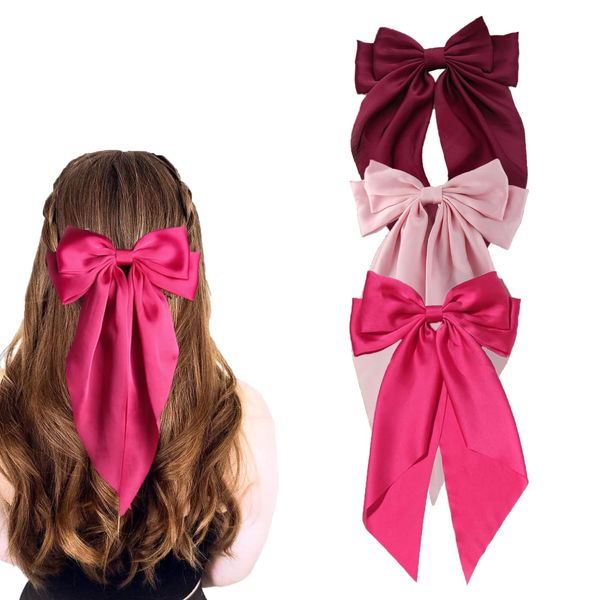 3 PCS Big Bow Hair Clips, hair bows, hair bow, hair bows for girls, Clips with Long Silky Satin Ribbon Solid Color Hair Barrettes Accessories for Women Girls(Rose red, bean paste pink, wine red)