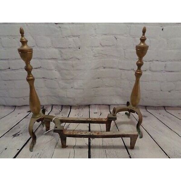 Vintage Fireplace Brass Andirons Cast Iron Fire Dogs Log Holders  1919 19" Tall