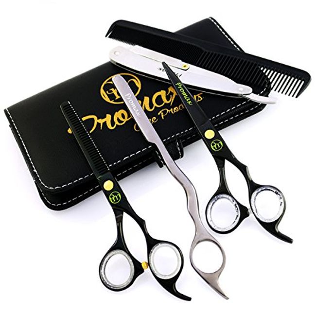 ProMax Barber Hair Cutting Shears 5 PCs Set- Made Of Japanese Black Titanium Stainless Steel,With Barber and Thinning Shears 6.5"-Exchangeable Blade Razors, Comb,Hair Shaper And Cloth- 11-4625