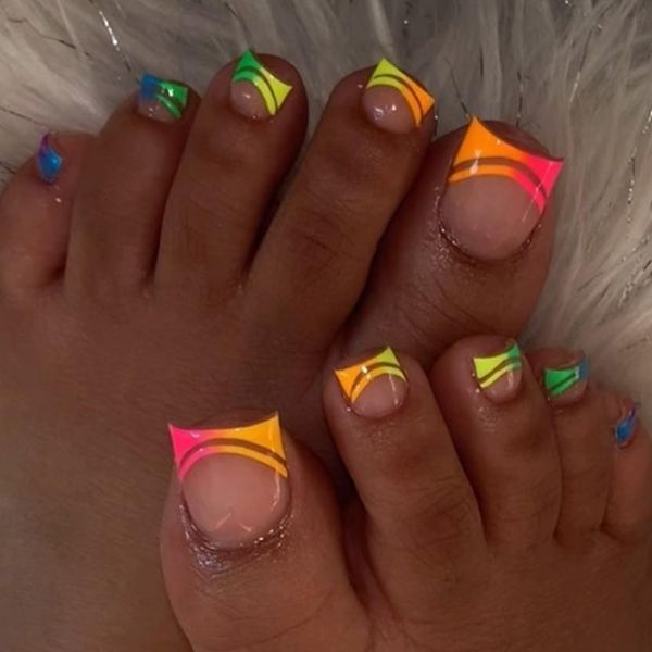 Neon Press on Toenails French Tip Toe Nails Short Square Glue on Toe Nails Gradient Rainbow Color Double Line French Tips Designs Beach Summer Fake Toe Nails Removable Nude Acrylic Toenails for Women