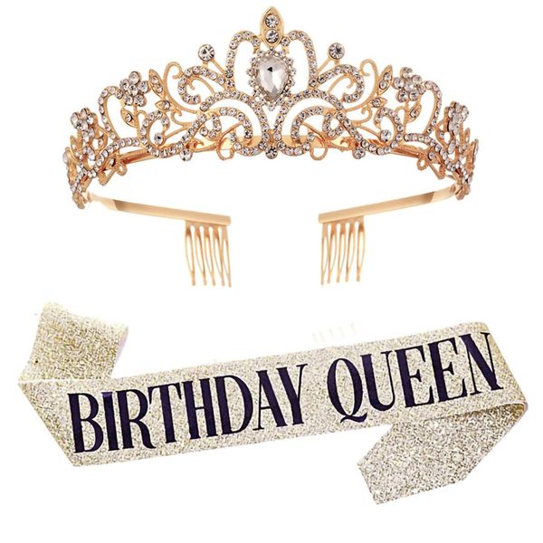 "Birthday Queen" Sash & Rhinestone Tiara Set, Birthday Sash and Tiara for Women Birthday Decoration Kit Rhinestone Headband for Girl Glitter Crystal Hair Accessories for Party (Gold)