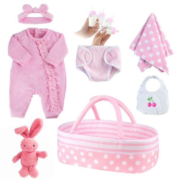 JIZHI 8 Pcs Reborn Baby Doll Clothes Set with Bassinet for 17-22 Inch Dolls, Baby Dolls Clothes and Doll Accessories Set fit Newborn Baby Doll Girl, Pink