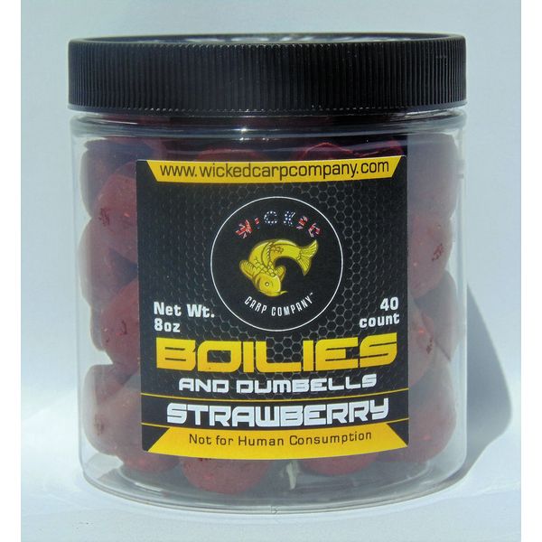 Wicked Carp Company 8oz (~40/tub) 15mm Strawberry Boilies & Dumbells | Hard Dough Carp Bait & Catfish Bait