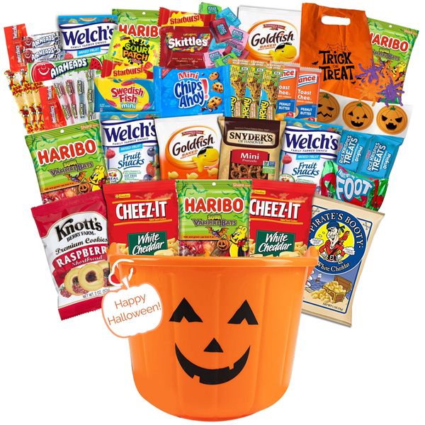 Halloween Care Package Gift Basket pack Candy Snacks Assortment Trick or Treat Cookies Food Bars Toys Variety Gift Pack Box Bundle Mixed Halloween bucket for Children Kids Boys Girls College Studen