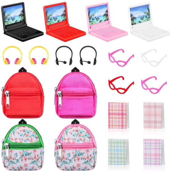 Gejoy 20 Pieces Mini Backpack for Dolls Doll Travel Accessories Include Doll Backpack with Zipper Laptop Books Headsets Sunglasses Scene Simulation Toy for 1/12 1/6 Scale Dollshouse(Classic Style)