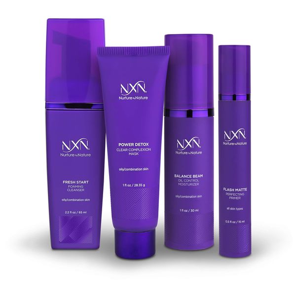 NxN Oil Control System - Set with Kaolin Clay Face Mask, Mattifying Primer, Cleansing Face Wash, & Daily Moisturizer - Oily Skin Sebum Control Kit for Men & Women