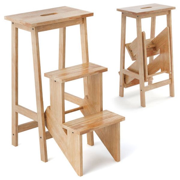 3-in-1 Rubber Wood 3 Tier Folding Step Stool Ladder Storage Shelf-Natural