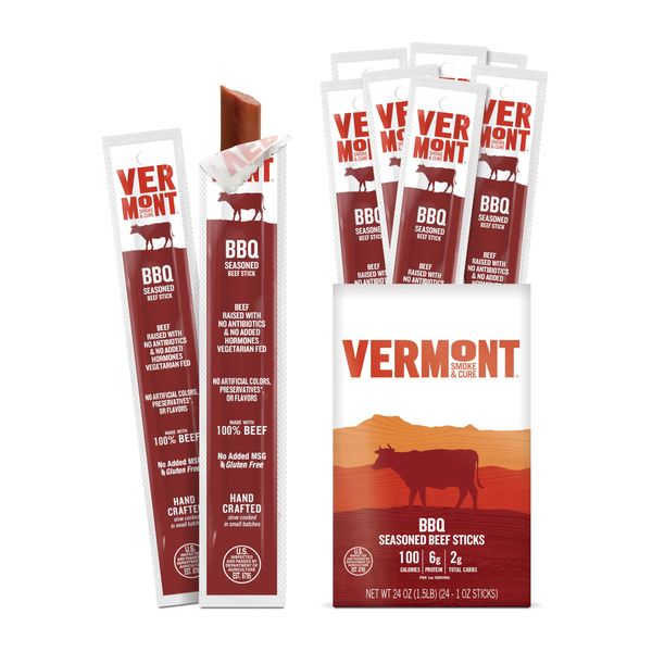 Snack Sticks by Vermont Smoke & Cure – BBQ Seasoned – Beef – Healthy Meat Protein – 1oz Jerky Stick – 24 count carton