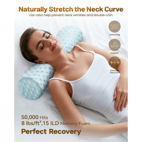 Sino Salected Memory Foam Round Pillow, Cervical Neck Pillow for Pain Relief, Cylinder Pillows 18"x 4", Removable Cover, Neck Roll Pillow for Sleeping, Velvet Dots, Blue