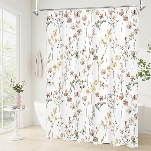 Litabel Watercolor Floral Shower Curtain, Brown Butterfly Flower Shower Curtain for Bathroom, Modern Minimalist White Waterproof Fabric Shower Curtain Set, 72x72 Inch