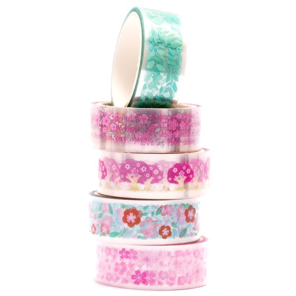 KAVI' S 5 Rollen Blumen Washi Tape Set Klebeband Papier PET Dekorativ Weinlese Masking Tape Durchsichtig Klebeband Bunt für Scrapbooking Handwerk Handwerk (Sakura)