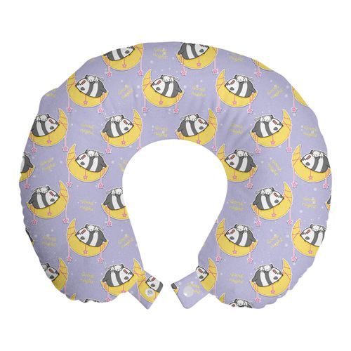 Ambesonne Saying Travel Pillow Neck Rest, Lazy Cat and Panda Sleeping on The Moon with Stars, Memory Foam Traveling Accessory for Airplane and Car, 12", Mustard Purple