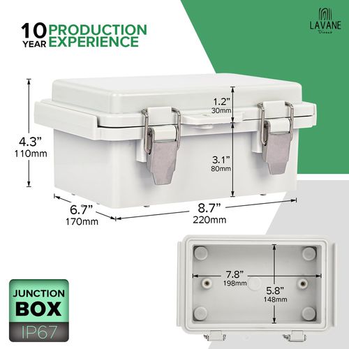 Waterproof Outdoor Junction Box, LA VANE IP67 ABS Plastic Dustproof Electrical Enclosure with Hinged Cover with 4X NPT Cable Glands, Mounting Plate, Wall Brackets - 8.5x7x4.4 inch