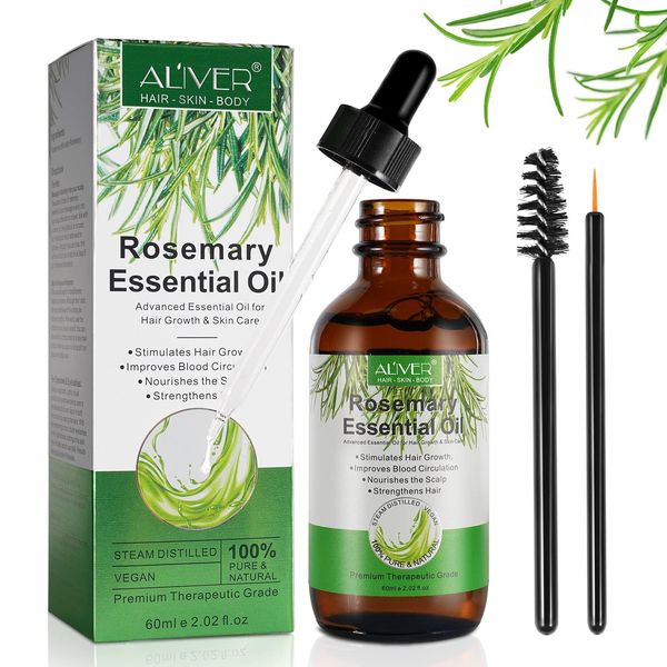 Rosemary Oil for Hair Growth 60ml, Pure Essential Oil for Eyelashs, Eyebrows, Face, Skin Care, Body Massage, Aromatherapy, Hair Loss Treatment, Nourishes The Scalp, Improve Blood Circulation