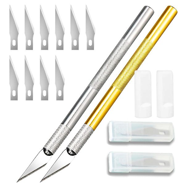 Exacto Knife Craft Knife 2 Handles + 12 Spare Replacement Craft Knife Blades Precision Knife Hobby Knife Carving Craft Knives Set for DIY Art Paper Cutting Engraving PCB Repair Modeling