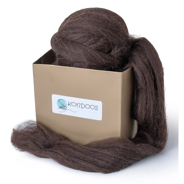 Kondoos Natural Wool roving, 227g. Best Wool for Needle Felting, handcrafts and Spinning. Natural Soft Colours, un-Dyed. (Dark Chocolate, 8 oz)