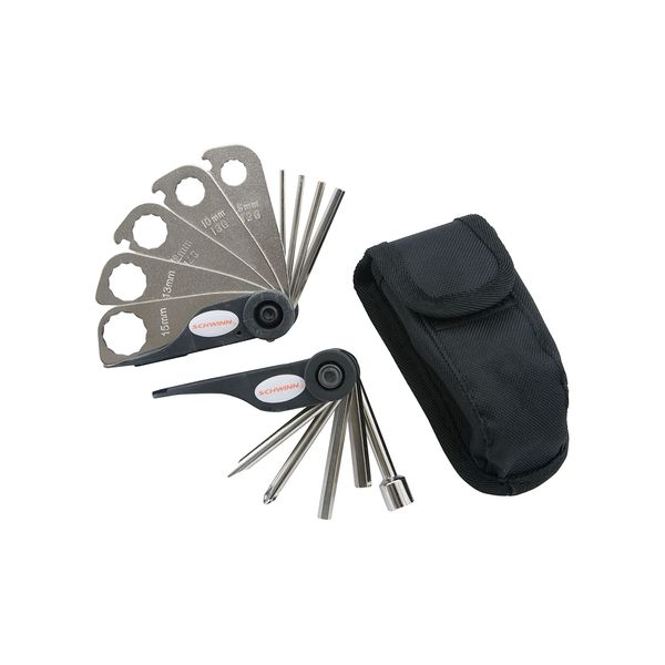 Schwinn 18 Function Multi-Tool Kit for Bikes, Durable Construction, Hex Wrenches, Box Wrenches, Socket, Spoke wrenches, Phillips and Flat Head Screwdriver, and Tire Levers (on tool body)