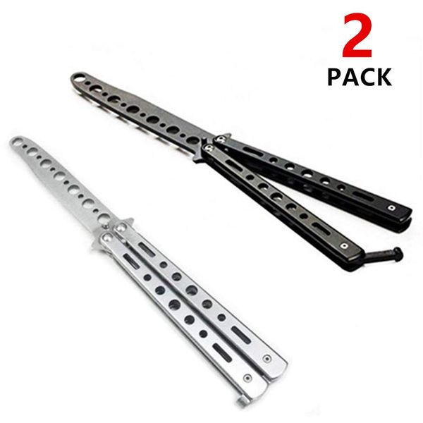 Butterfly knife, 2 Pack Practice Knives Trainer Martial Arts Practice Swords Steel Metal Folding Training Knife Tool Unsharpened for Men Boys Kids CSGO