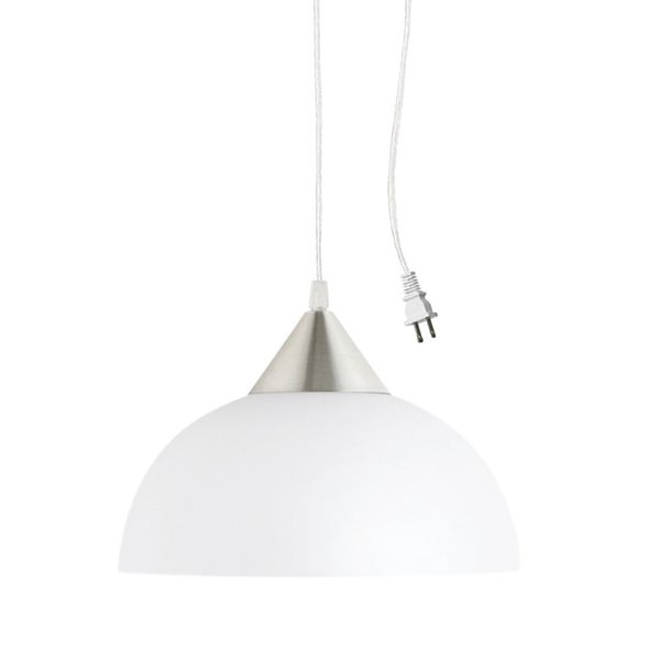 Globe Electric 64413 1-Light Plug-in Pendant, Brushed Steel, Frosted White Shade, 15ft Clear Cord, in-Line On/Off Switch, E26 Base Socket, Kitchen Island, Café, Hanging Light, Bulb Not Included