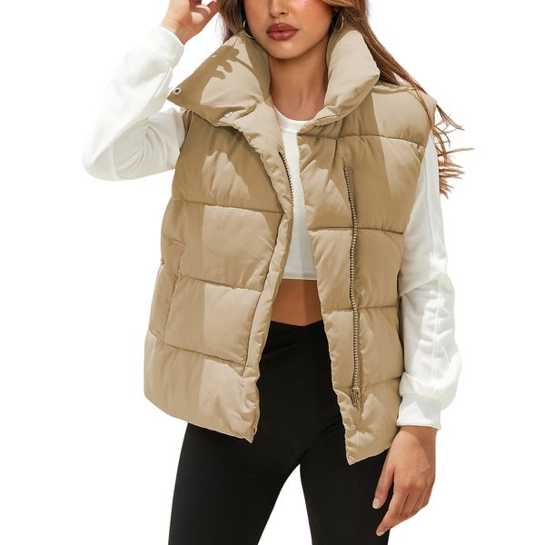 Himosyber Womens Puffer Vest Sleeveless Casual Loose Winter Warm Lightweight Stand Collar Down Jacket Coats (Khaki-S)