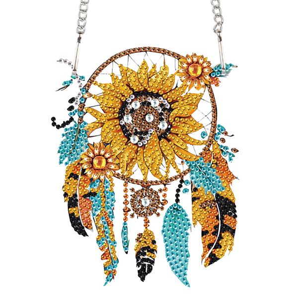 Sunflower Dream Catcher Diamond Painting Kit Ornament with Hanging Chain DIY Diamond Art Hanging Pendant Paint by Number Stained Glass Wall Art for Adults Home Wall Decor Gift