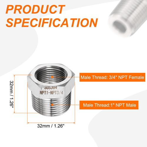 HARFINGTON 2pcs Stainless Steel Pipe Fitting 3/4" NPT Female x 1" NPT Male Reducer Hex Bushing Pipe Adapter Fittings Reducing Cast Pipe Connector for Water Oil Gas Tub