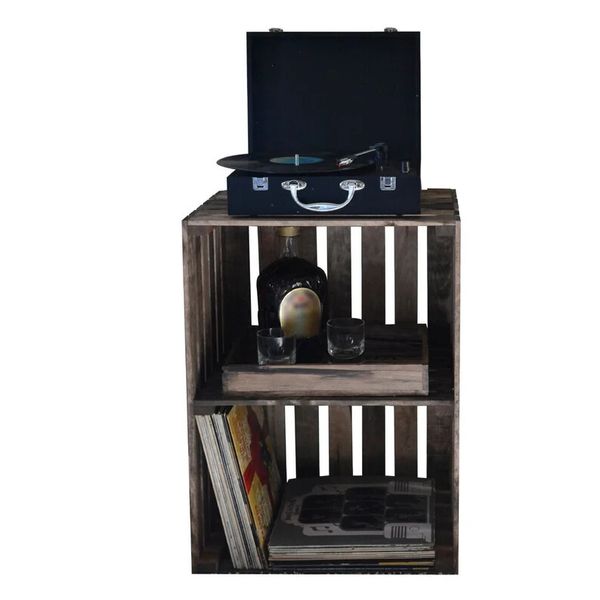 Rustic Wooden Turntable Stand & Vinyl Record Storage – 2-Tier LP Organizer