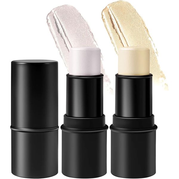 Mimore 2 colors Highlighter Stick, Highlighter Makeup, Shimmer Cream Powder Waterproof Light Face Cosmetics, On-the-Go Longwear Highlight Pen, Blends Easily Face Body Makeup, Creamy Texture(#2)