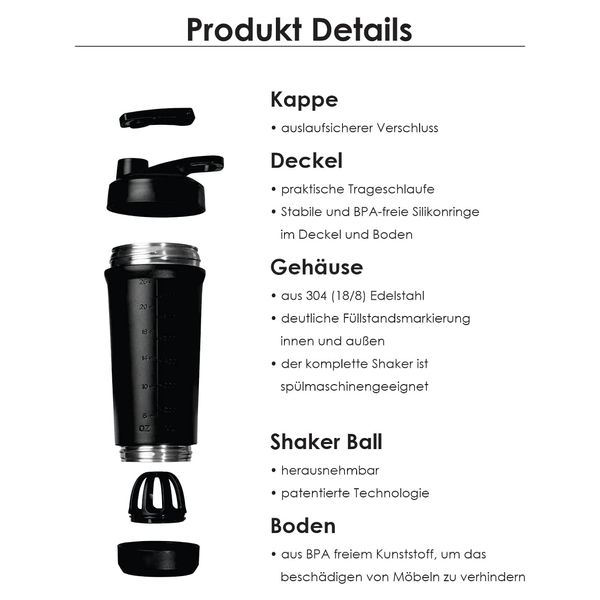 Teemando® Premium Edelstahl Shaker 750ml Kapazität, BPA-frei, auslaufsicherer Deckel, abnehmbarer Shaker-Ball, Füllstandsmarkierung, spülmaschinengeeignet für Proteinshakes, Fitness und Diät (Blau)