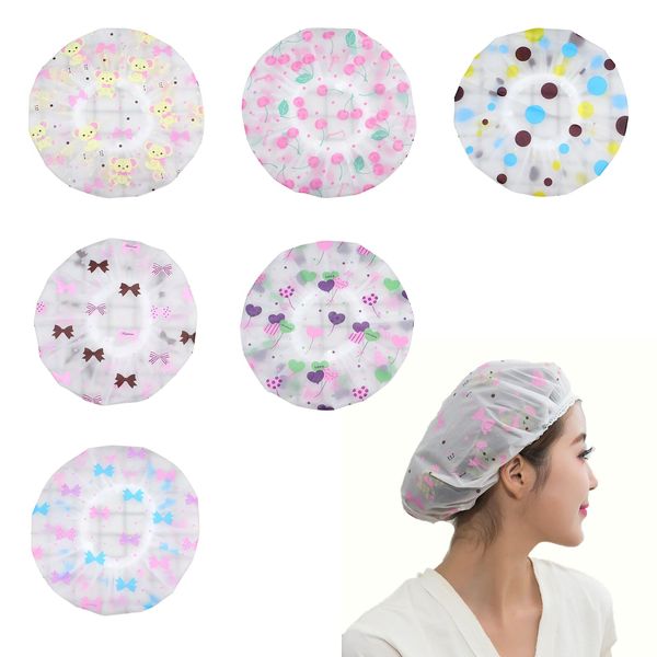 Liroyal Shower Cap Waterproof Hair Cap (Set of 6) Vanity Cap Face Wash Cap Cute Reusable Lightweight Elastic Bath Spa SPA Cooking Face Wash Hair Dye (6 Styles)