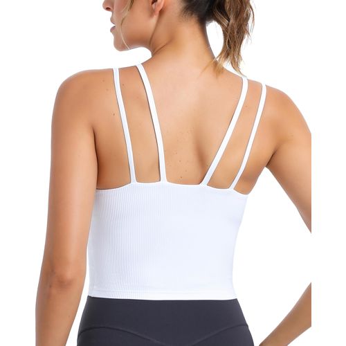 RUNNING GIRL Longline Sports Bras for Women,Strappy Medium Support Workout Tank Tops with Built in Bras for Women Padded Yoga Bra（3009 White S