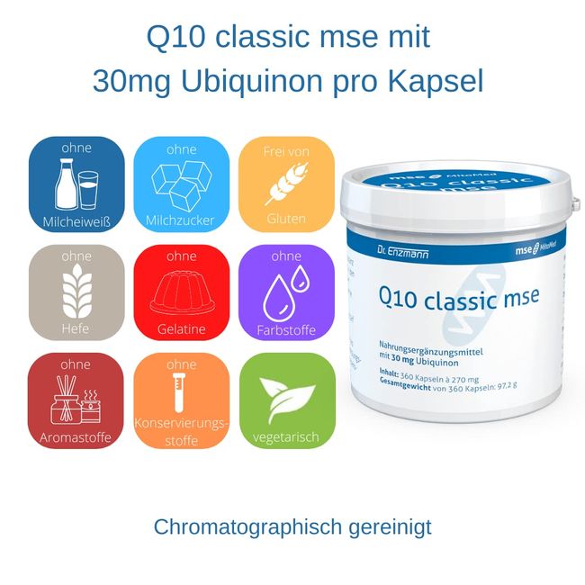 Q10 classic mse Kapseln 30mg (360 Kps für 12 Monate) rein vegan & hochdosiert Kaneka Coenzym Q10, hohe Bioverfügbarkeit, unterstützt das Nerven & Immunsystem, Made in Germany, Dr Enzmann