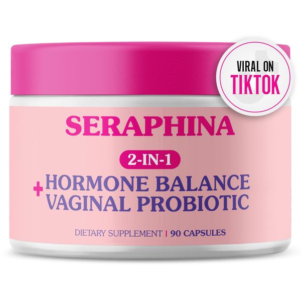 Seraphina Vaginal Probiotics 2-in-1 for Women + Hormone Balance - 90 Capsules Complete Feminine Care, PMS & Urinary Tract Health, Prebiotic Blend, 10 Billion CFU, 6 Strains (90 Count (Pack of 1))