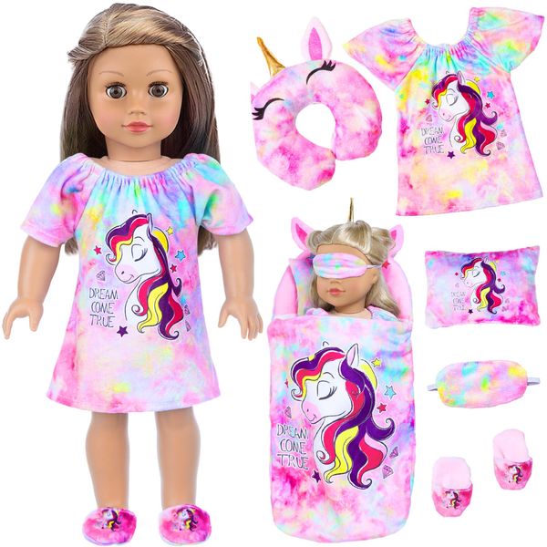 UNICORN ELEMENT 6 Pcs 18 Inch Girl Doll Sleeping Clothes Set - Unicorn Nightdress with Sleeping Bag, Pillows, Eye Mask and Shoes for My Our Life Generation Doll Accessories Stuff