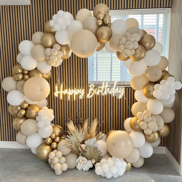 White Gold Balloons Arch Kit, 185 Pcs White Sand Gold Balloon Garland with Nude Balloons for Birthday Party Decoration, Boho Wedding, Anniversary, Baby Shower, Gender Reveal Party Backdrop Decoration