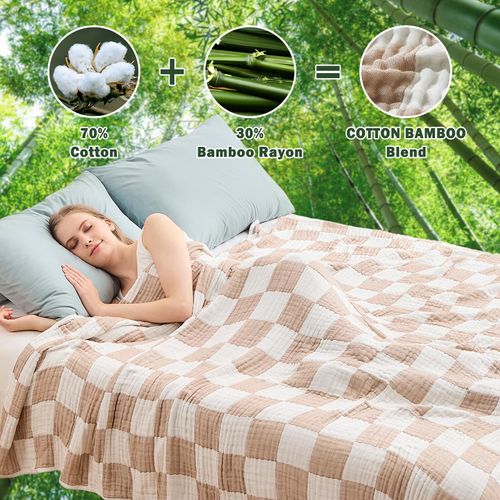 EMME Checkered Throw Blanket Cooling Cotton Blanket of Rayon Derived from Bamboo for Couch Soft Muslin Blankets 50"x60" Lightweight Breathable Soft Blanket All Season Gauze Blanket, Light Tan