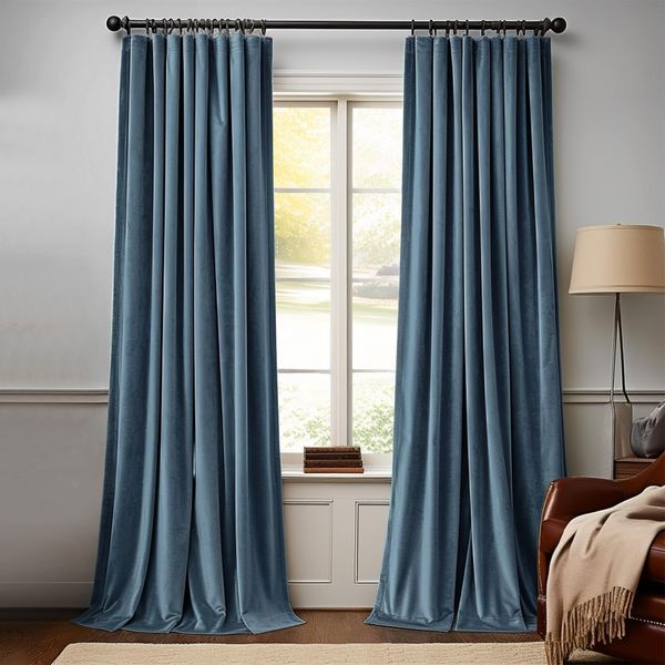 jinchan Velvet Curtain for Living Room, Thermal Insulated Luxury Drape for Bedroom 108 Inch Long, Stylish Privacy Curtain Room Darkening Extra Long Window Treatment Rod Pocket 1 Panel, Aegean Blue