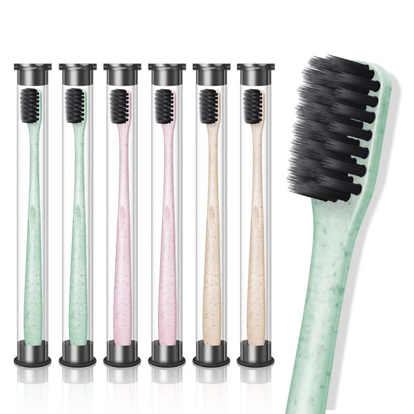 [2022 Newest] Toothbrush, Bamboo Charcoal Toothbrush, Soft, Small Head (3 Colors, 6 Pieces), Ultra Fine Bristle, Bamboo Charcoal Toothbrush, Teeth Whitening, Anti-Caries, Individual Packaging, For Travel, Portable, Adult Household (2 Green, 2 Pink, 2 Ivor