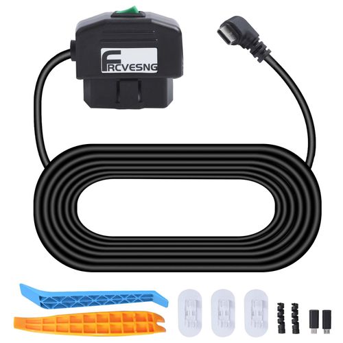 FRCVESNG OBD Power Cable for Dash Camera, OBD to Type C Dash Cam Hardwire Charger Cable 24H Parking Surveillance/Acc Mode 12-24V to 5V/3A with Low Voltage Protection for Dashcam, GPS or Radar-Green