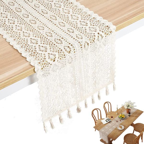 Table Runner Cotton Crochet Table Cover Lace Boho Wedding Table Runner, Beige Macrame Table Runner, Cotton Crochet Lace Table Runner with Tassels Bohemian Wedding Bridal Decor (25x180cm)