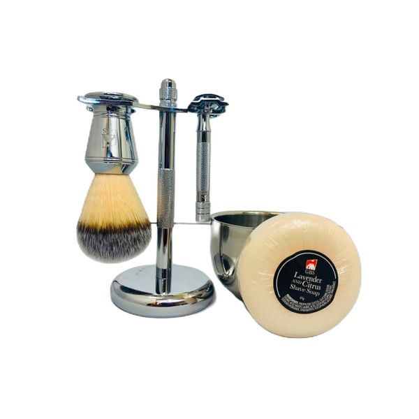 G.B.S Men's Shaving Set Short Handle Safety Razor, Shaving Brush, Chrome Dual Stand for Razor and Brush, Shaving Bowl, Shave Soap, Sandalwood Aftershave Balm, Pre-Shave Oil