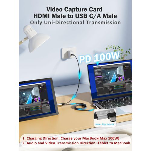 Video Capture Card with PD 100W for Meta Quest 2/3/3s, HDMI to USB C/USB A Adapter 1080P@60FPS Live and Recorder Video Audio for Streaming、Game,HDMI Capture Card for PC、Switch、PS4/5、Xbox、Camera、OBS、VR