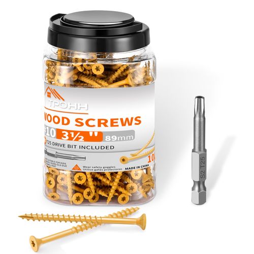 100 PCS #10 x 3-1/2" Flat Head Hardened Steel Deck Screws, Star/Torx Drive Multipurpose Wood Screws with Ceramic Coating for Corrosion Resistance, T25 Star Bit Included by TPOHH