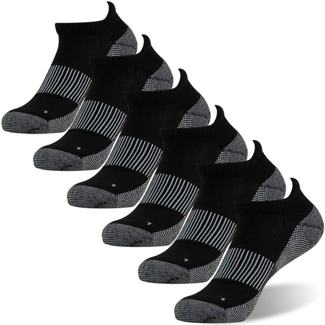 FOOTPLUS Golf Socks, Men Women Boys Girls Copper Running Walking Socks,Air Condition Cushioned Sole Standing Work Socks, Athletic Ankle Tennis Basketball Jogging Gym Socks, 6 Pairs Black, M