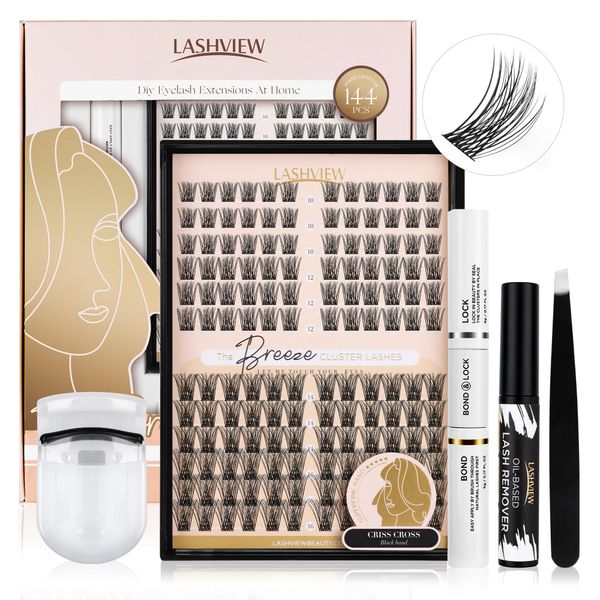 LASHVIEW DIY Eyelash Extensions Kit,144 Pcs Lash Clusters, Eyelash Clusters Golden Tweezer, Cluster Lashes Bond and Seal Waterproof DIY Lash Extensions (Volume)