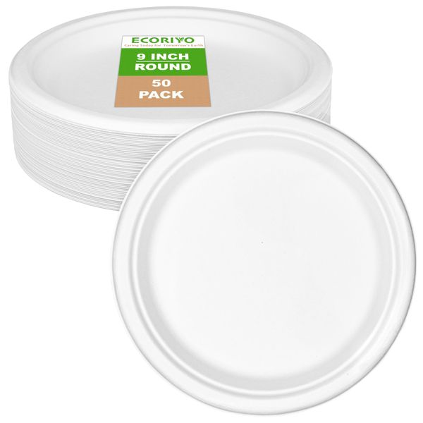 ECORIYO 9-Inch Round Disposable Bagasse Sugarcane Plates - 50-Pack of Biodegradable Plates, Eco Friendly Disposable Tableware from Sugarcane - Freezer-Safe & Microwave-Safe Party Plates - White