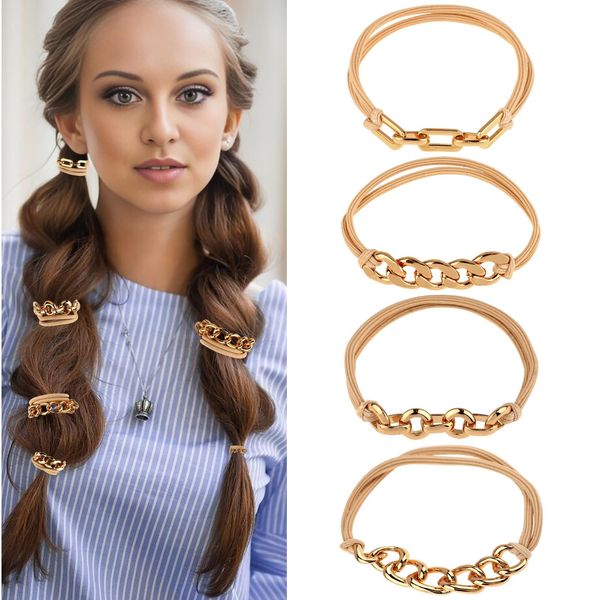 4pcs Gold Bracelet Hair Ties for Women,Soft Jewelry Elastics Hair Tie Scrunchie,Metal Elastic Hair Rope,Hair Ties for Thick Hair Looks Cute on Your Wrist and Good in Your Hair