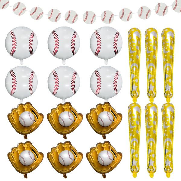 PLULON 19Pcs Baseball Party Decor Baseball Balloons with Baseball Banner Garland Baseball Glove Foil Balloons Baseball Bat Balloons for Kids Boys Girls Birthday Sports Themed Party Supplies