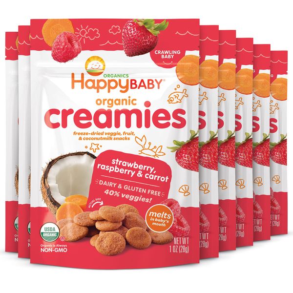 Happy Baby Organic Creamies Freeze-Dried Veggie & Fruit Snacks with Coconut Milk Strawberry Raspberry & Carrot, 1 Ounce (Pack of 8)