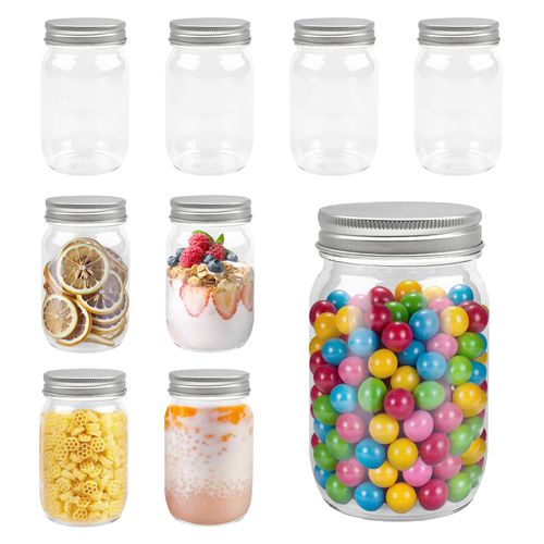 Slomg 12 Pack 8 oz Clear Plastic Mason Jars with Silver Screw On Lids, Refillable Round Empty Slime Container, Airtight Shatterproof Food Canning for Home Kitchen Household Storage Art Craft
